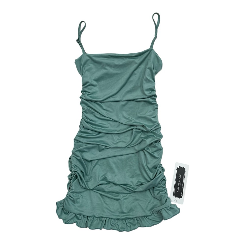 Blush Mark Mint/Blue Sleeveless Ruched Mini Dress Ruffle Hem NWT - M